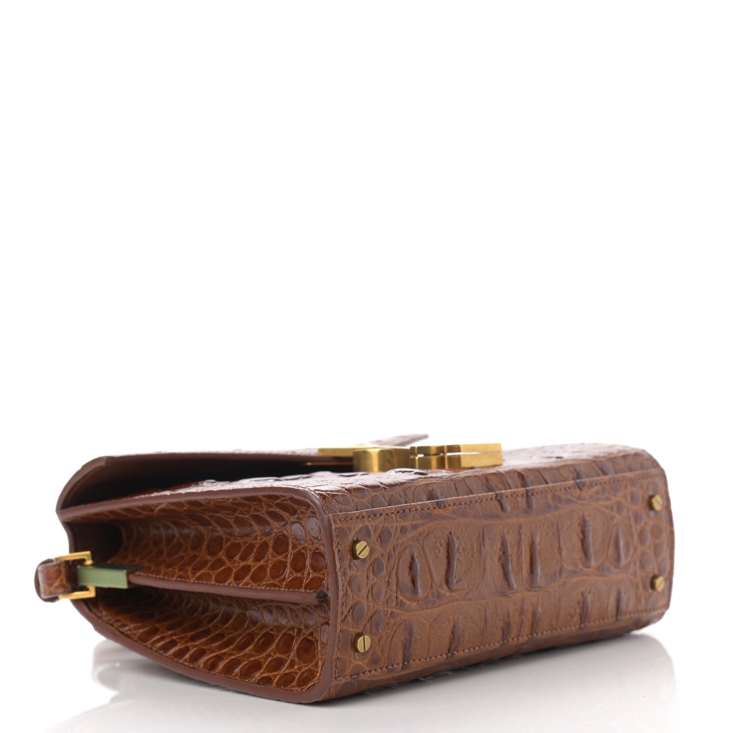 Saint Laurent Calfskin Crocodile Embossed Mini Classic Monogram Cassandra Top Handle Brown 4 of 14