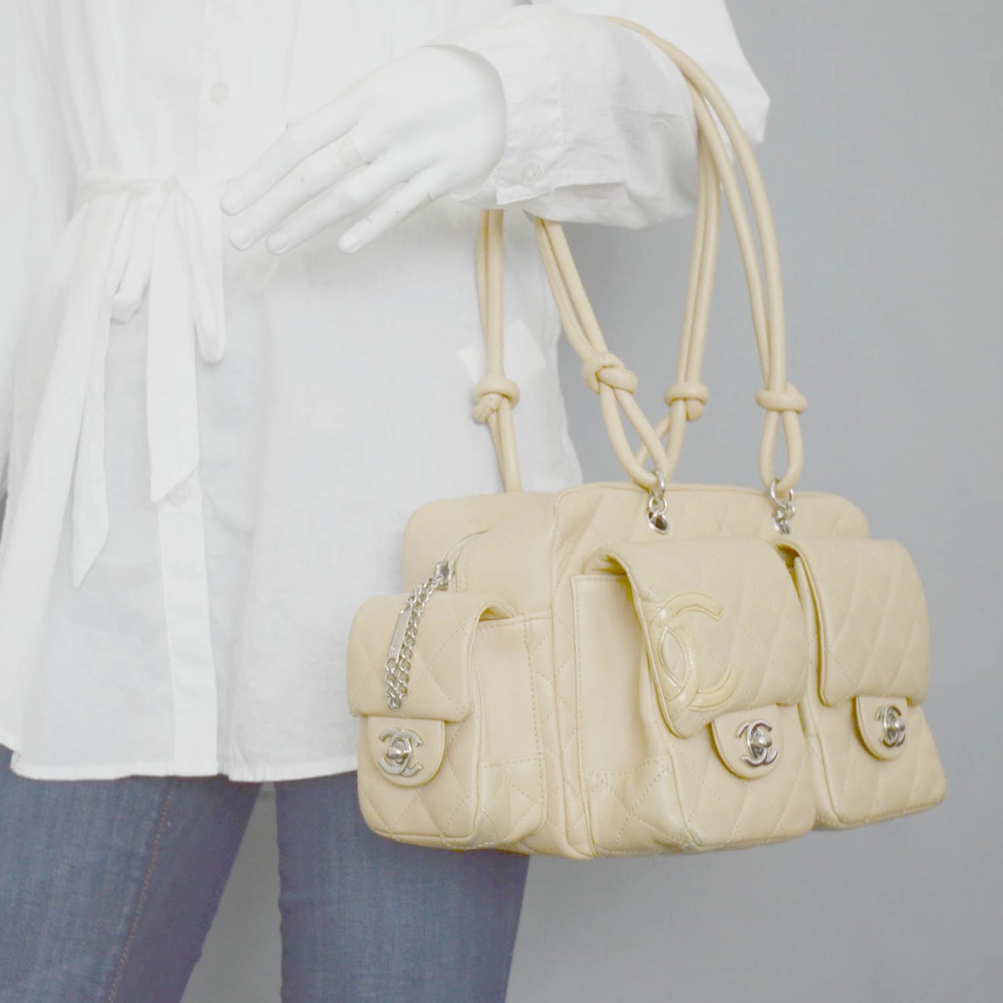 Calfskin Quilted Small Cambon Multipocket Reporter Beige