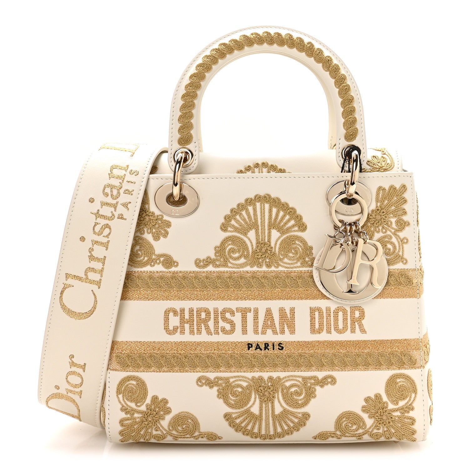 Christian Dior Calfskin Embroidered Medium Lady D-Lite White Gold 1 of 10