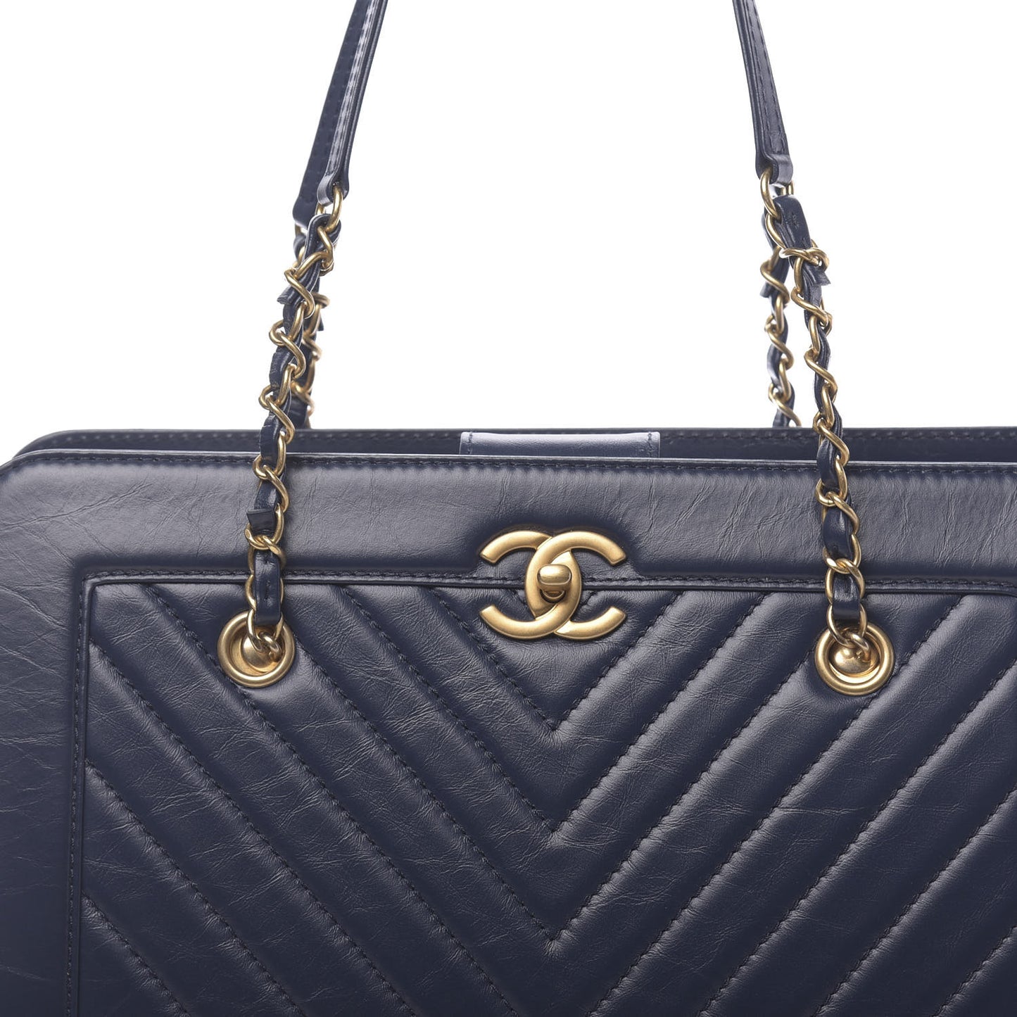 Aged Calfskin Chevron Quilted Large Shopping Tote Navy