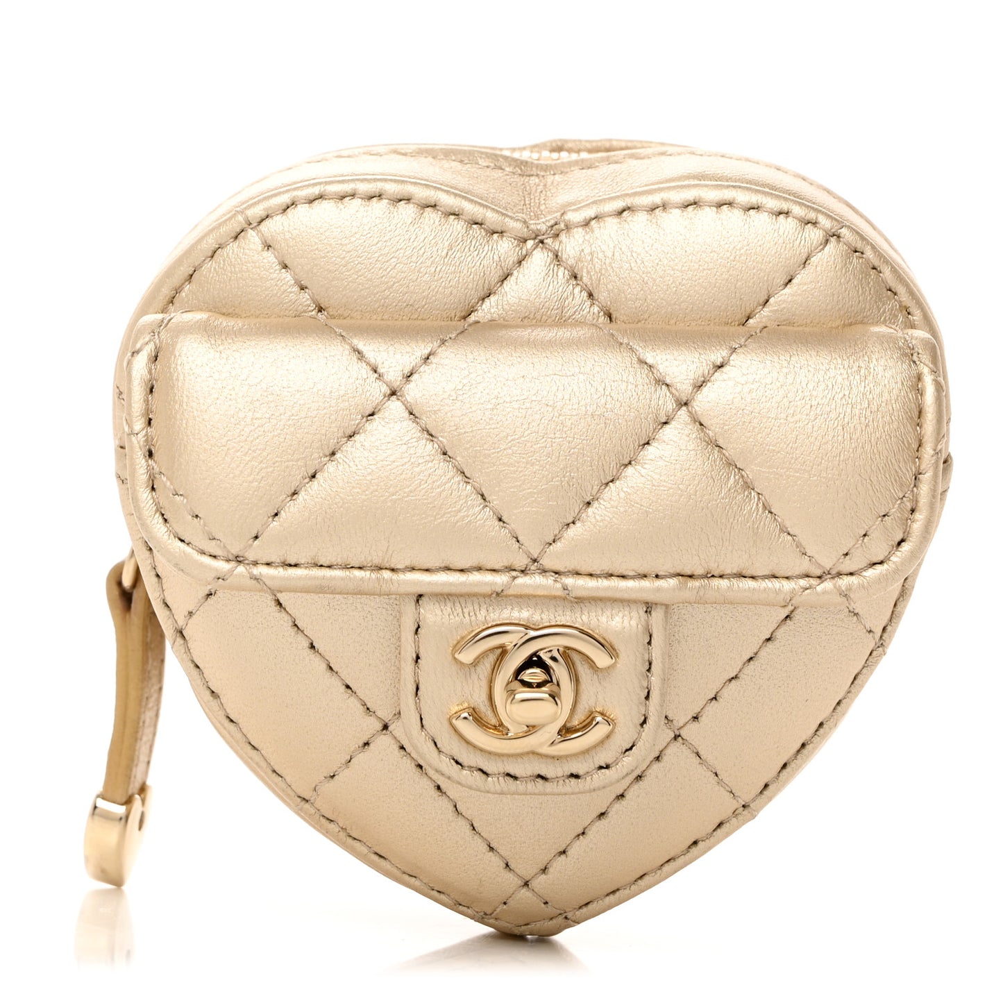 Metallic Lambskin Quilted CC In Love Heart Zipped Arm Coin Purse Gold