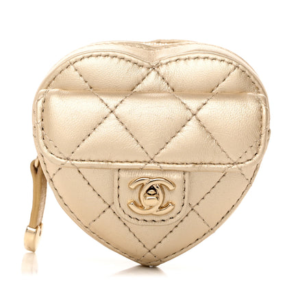 Chanel Metallic Lambskin Quilted CC In Love Heart Zipped Arm Coin Purse Gold 1 of 9