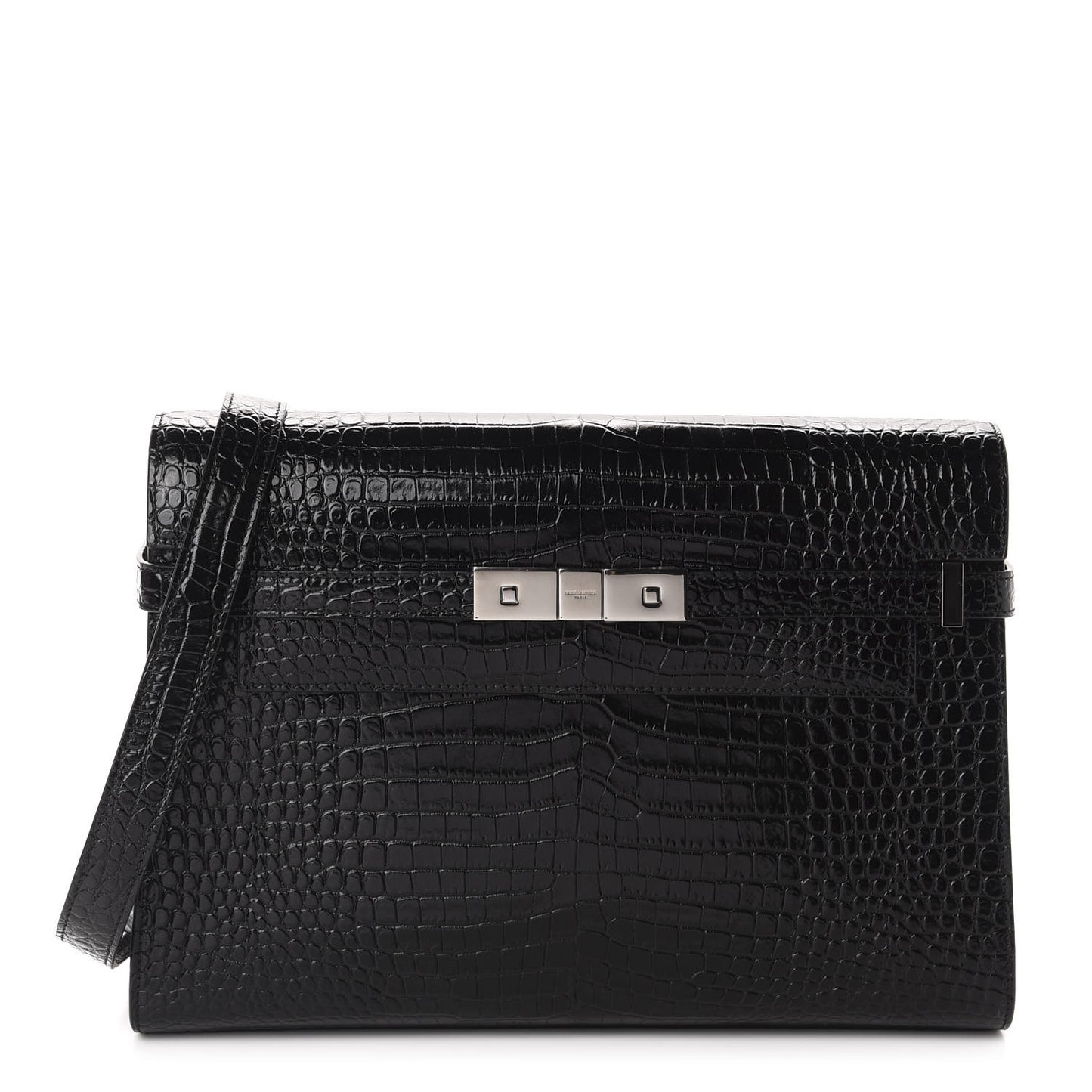 Shiny Calfskin Crocodile Embossed Manhattan Baguette Black