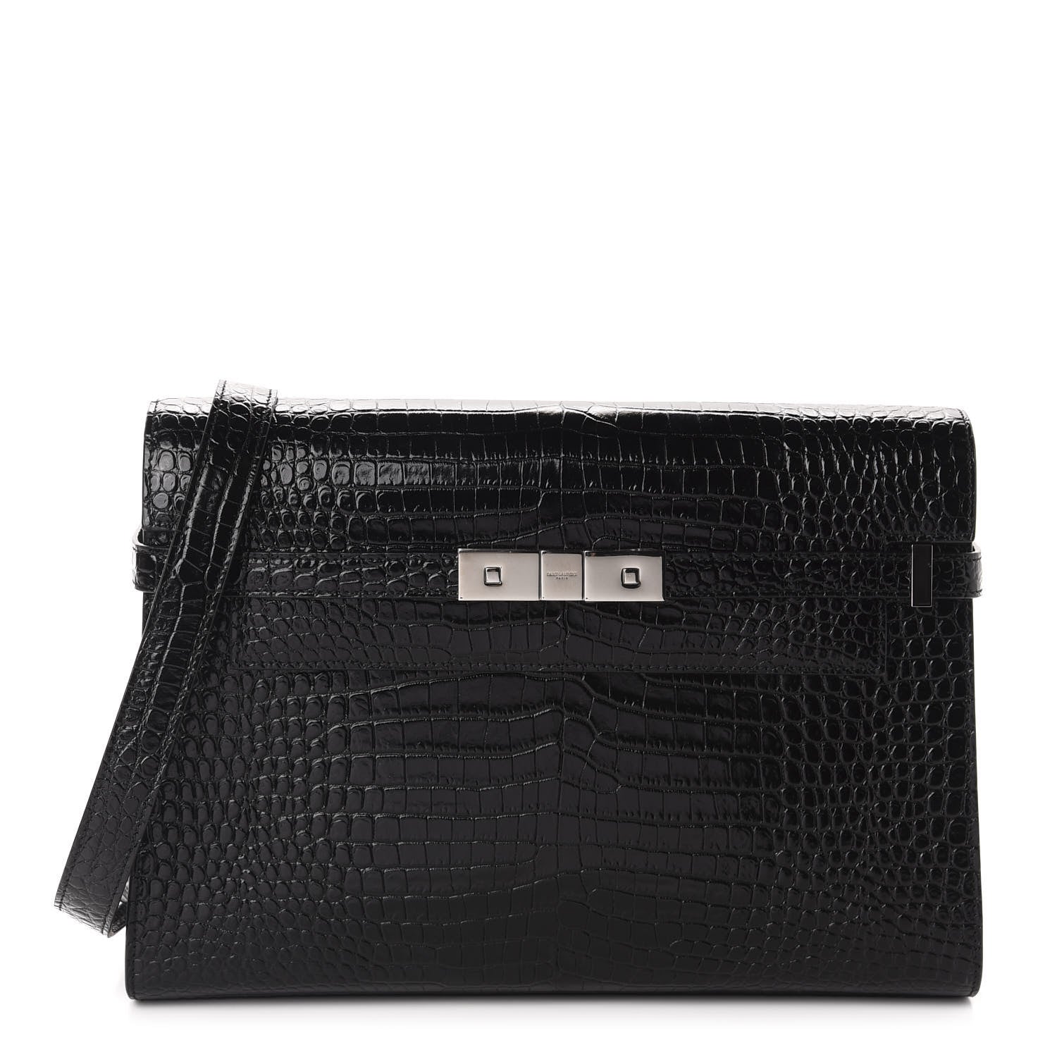 Saint Laurent Shiny Calfskin Crocodile Embossed Manhattan Baguette Black 1 of 10