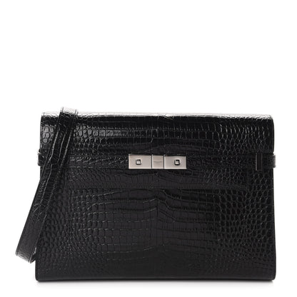 Saint Laurent Shiny Calfskin Crocodile Embossed Manhattan Baguette Black 1 of 10