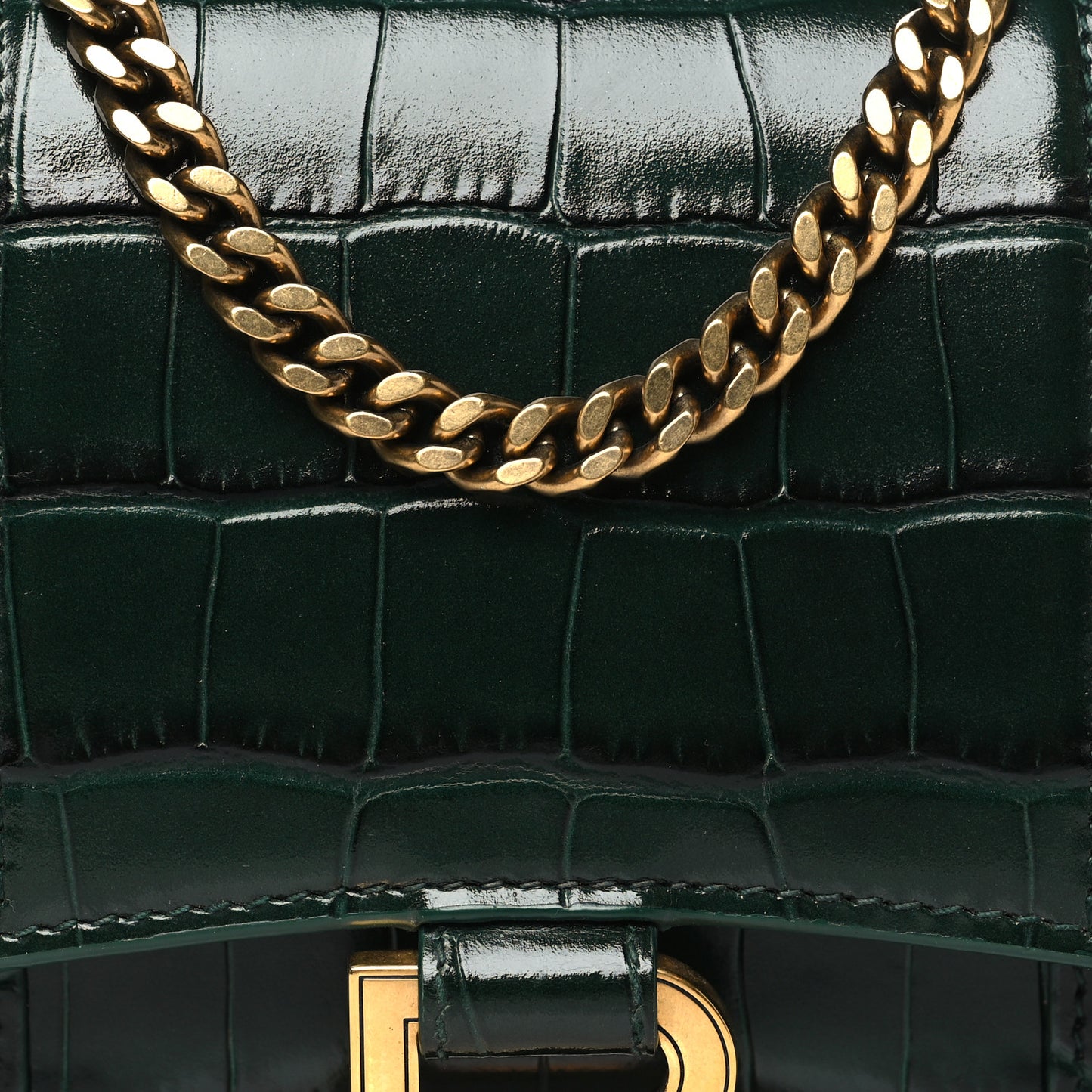 Shiny Calfskin Crocodile Embossed Hourglass Chain Bag Forest Green
