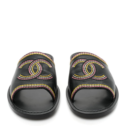 Chanel Calfskin Embroidered CC Sandal Mule 38 Black 2 of 9