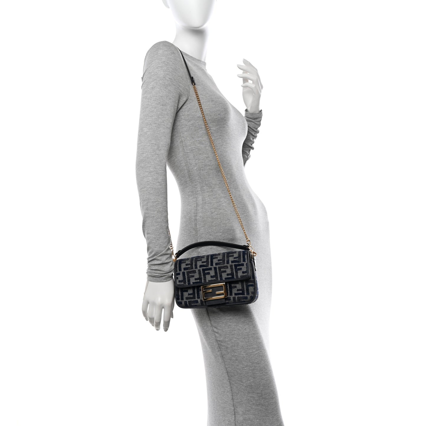 Chenille Vitello Grace FF Embroidered Mini Baguette Dark Blue Grey