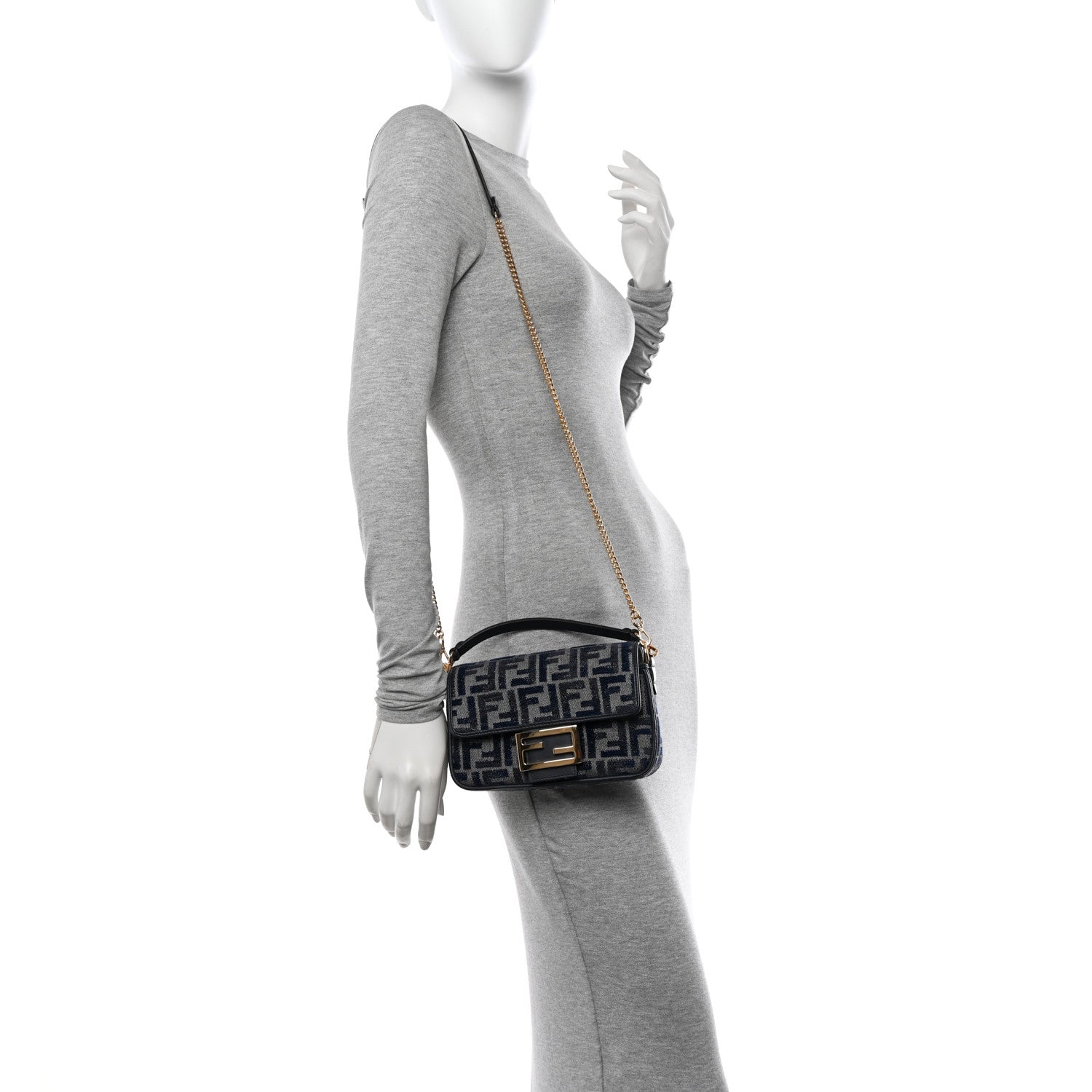 Fendi Chenille Vitello Grace FF Embroidered Mini Baguette Dark Blue Grey 2 of 10