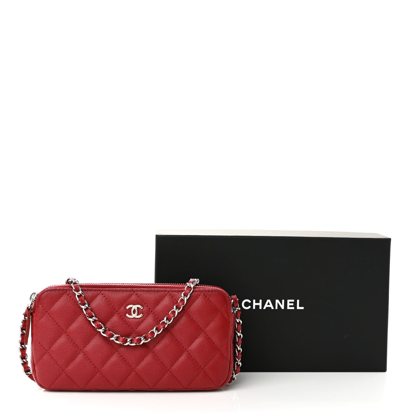 Caviar Quilted Small Clutch With Chain Dark Red