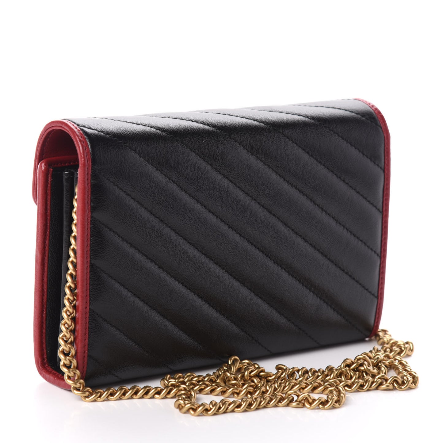 Vintage Effect Calfskin Matelasse Diagonal Torchon GG Marmont Chain Wallet Black Romantic Cherry