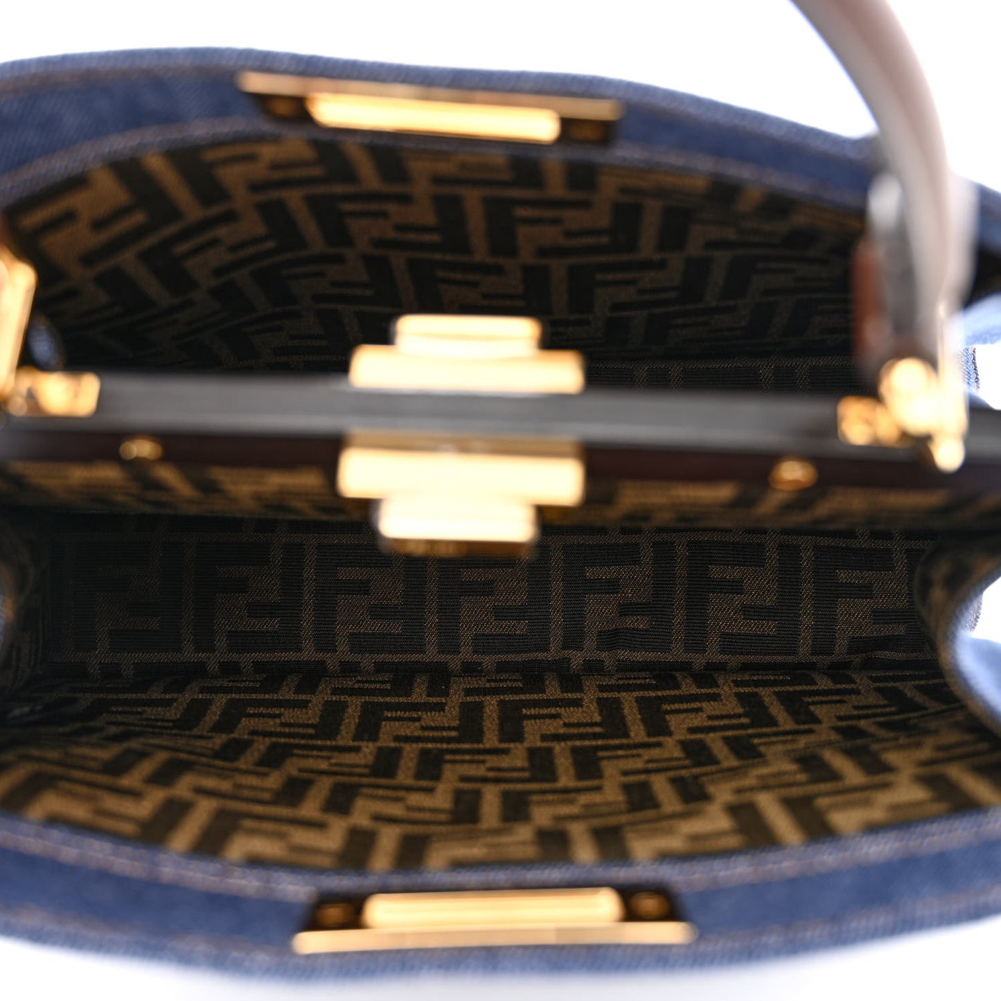 Denim Fabric Jacquard Cuoio FF 1974 Medium Peekaboo I SEE U Satchel Blue Tobacco Moro