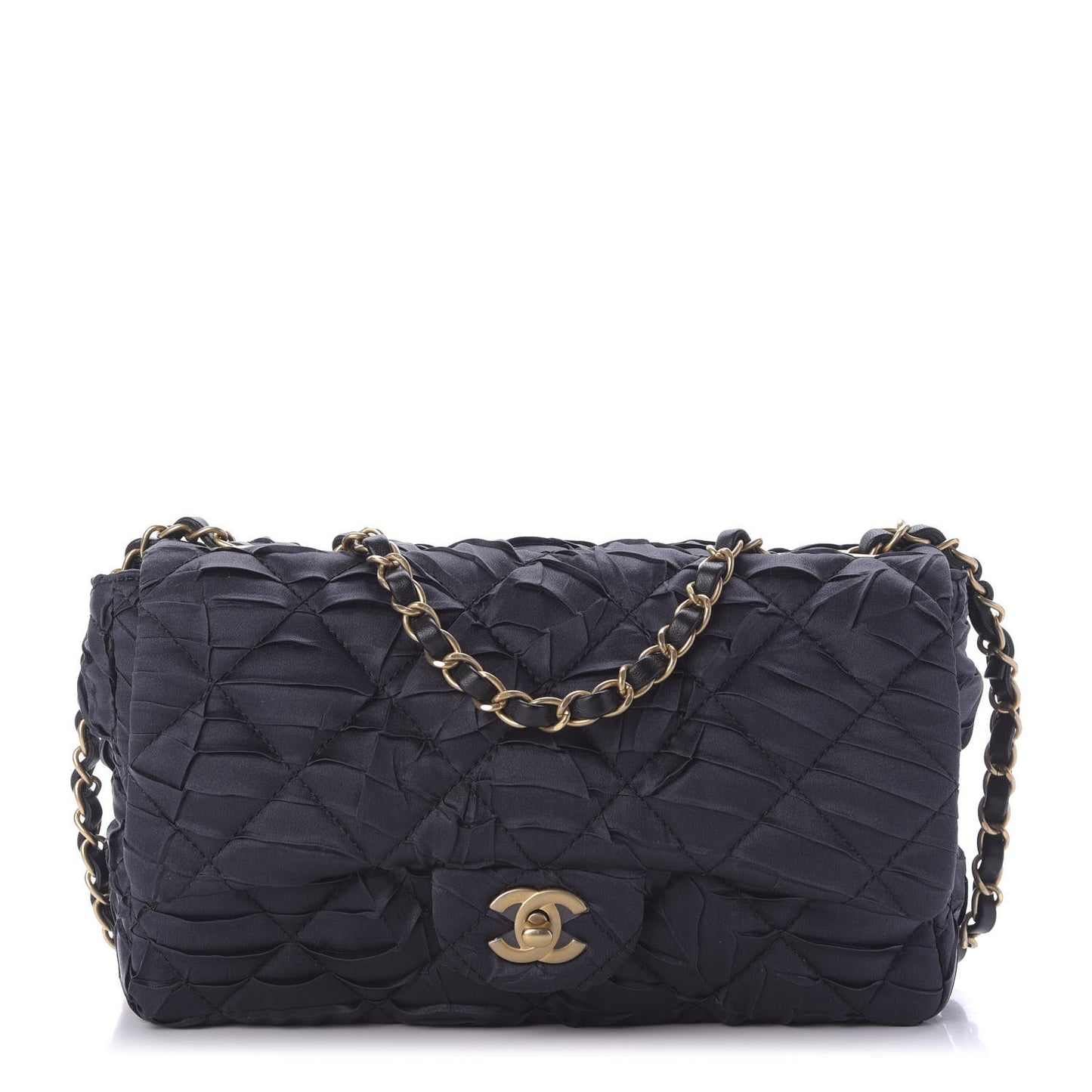 Satin Quilted Pleated Medium Single Flap Navy