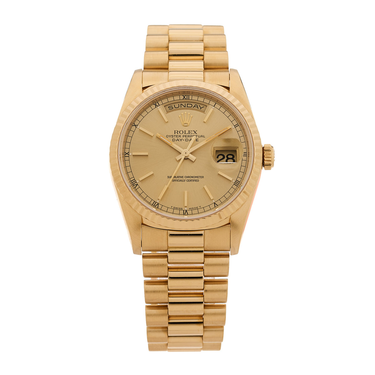 18K Yellow Gold 36mm Oyster Perpetual Day-Date President Watch Champagne 18238