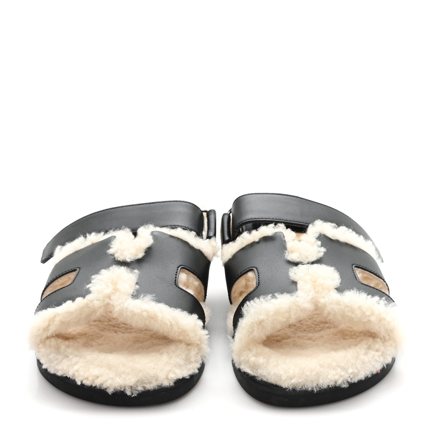 Hermes Calfskin Woolskin Womens Chypre Sandals 37.5 Black Ecru 3 of 8