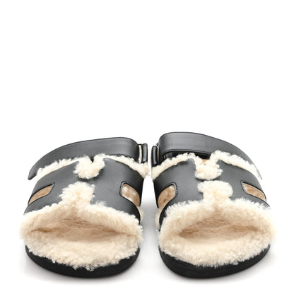 Hermes Calfskin Woolskin Womens Chypre Sandals 37.5 Black Ecru 3 of 8