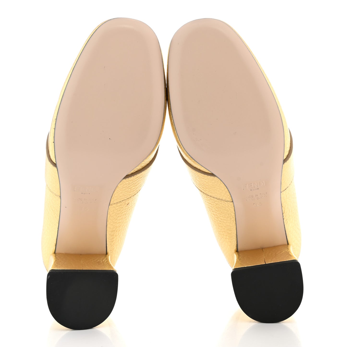 Calfskin Studded Mid-Heel Loafer Pumps 36 Gold Black