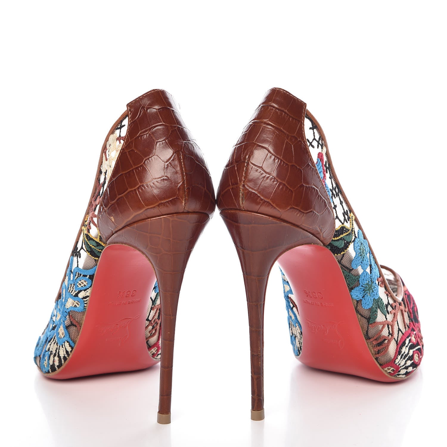 Christian Louboutin Lace Calfskin Crocodile Embossed Follies 100 Pumps 38.5 Cuoio Multicolor 6 of 13