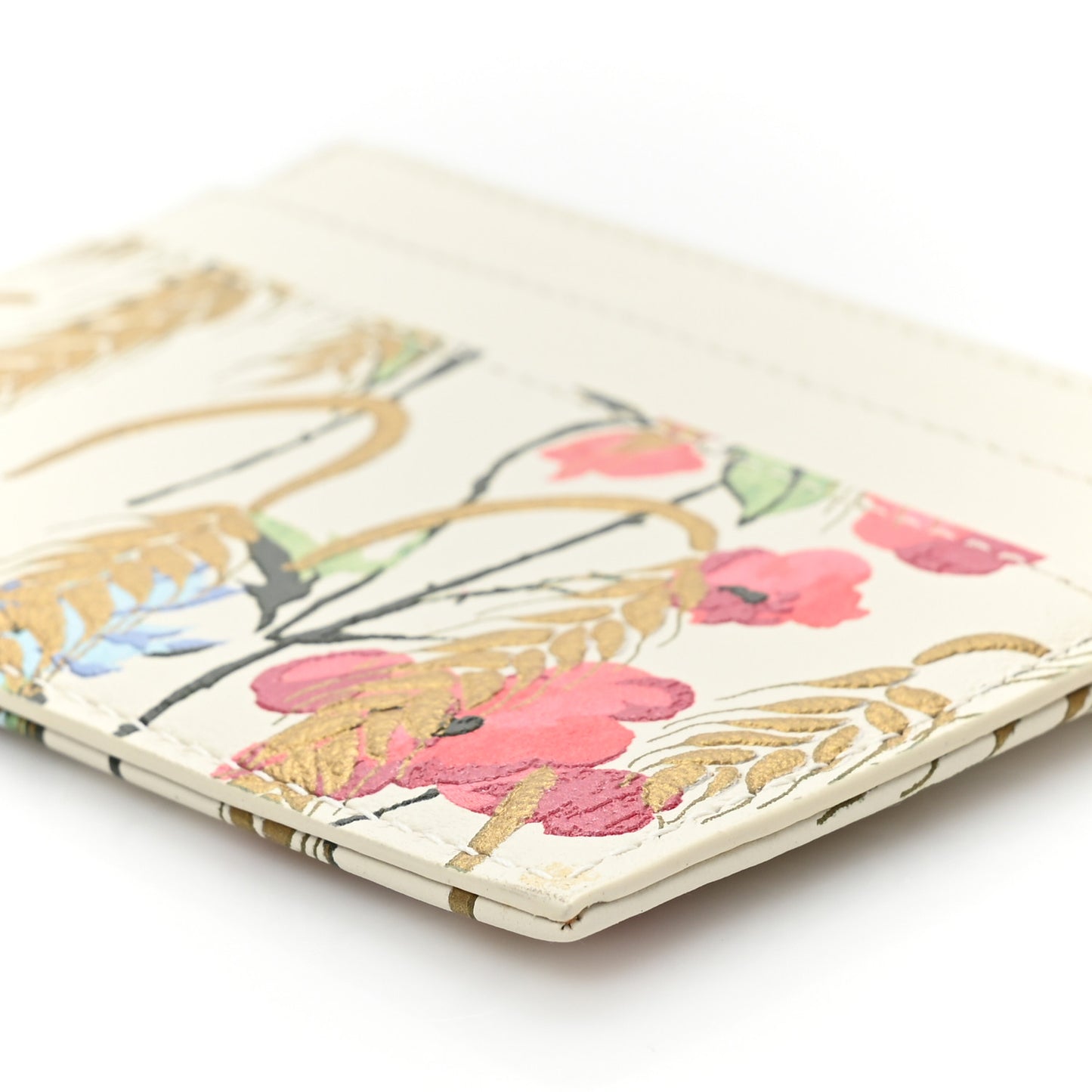 Calfskin Hibiscus Printed Card Holder Beige Multicolor