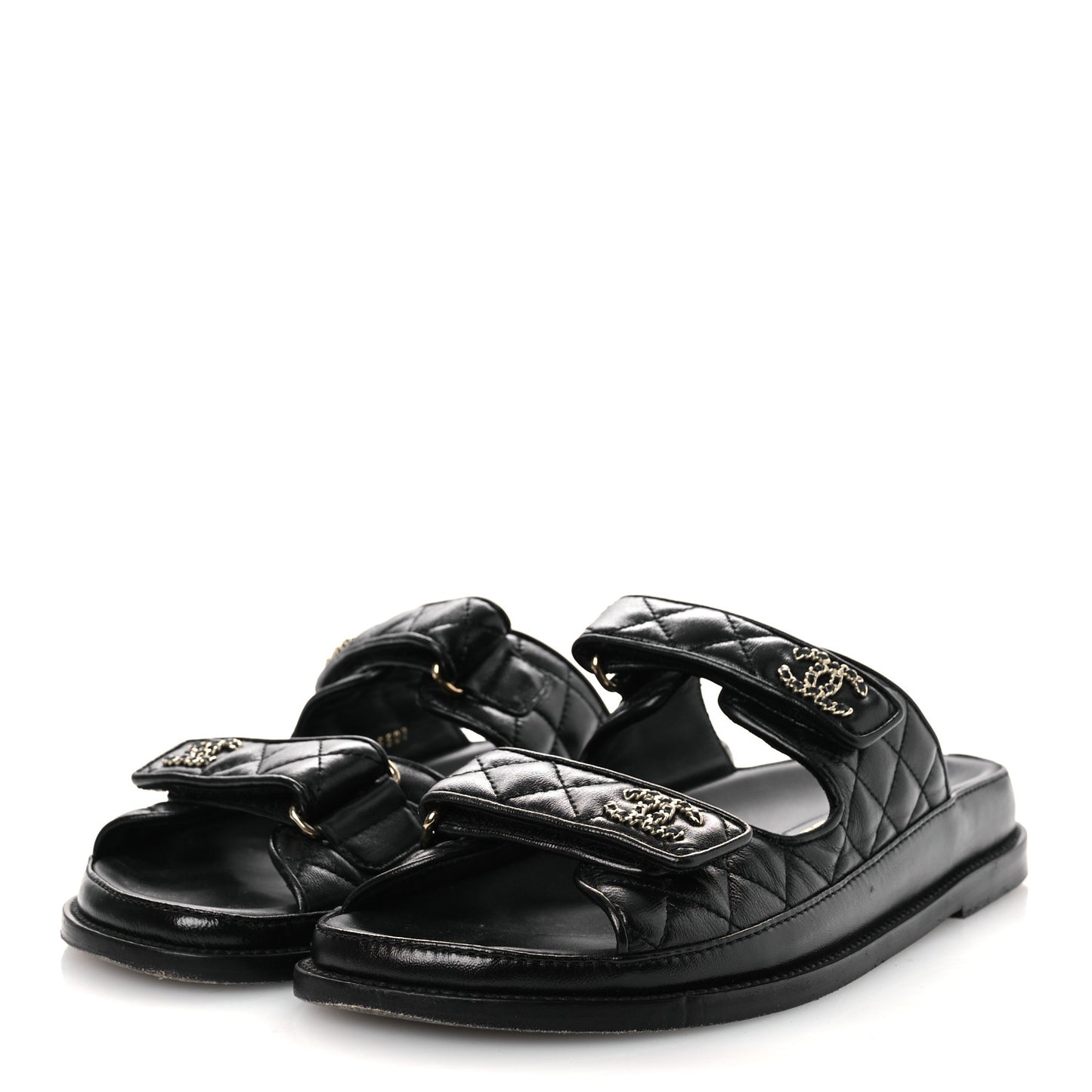 Lambskin Quilted Velcro Dad Chain CC Slide Sandals 39 Black