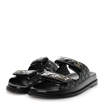 Chanel Lambskin Quilted Velcro Dad Chain CC Slide Sandals 39 Black 4 of 13