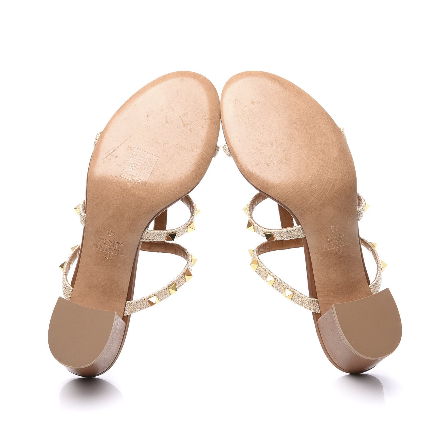 Raffia Calfskin Rockstud 60mm Caged Slide Sandals 40 Naturale