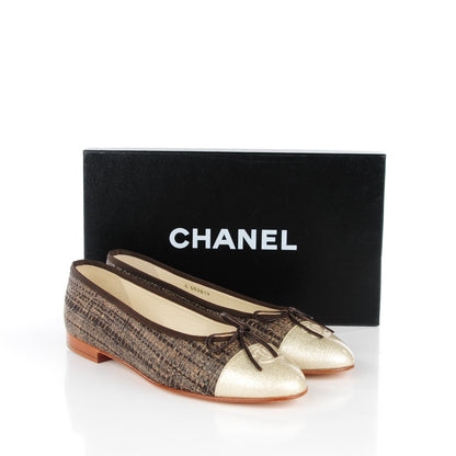 Chanel Tweed Ribbon Metallic Crackled Calfskin CC Cap Toe Ballerina Flats 38.5 Brown Gold 5 of 9