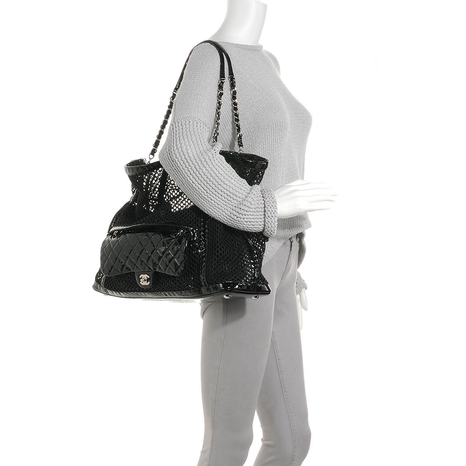 Chanel Patent Net Large La Madrague Tote Black 2 of 9