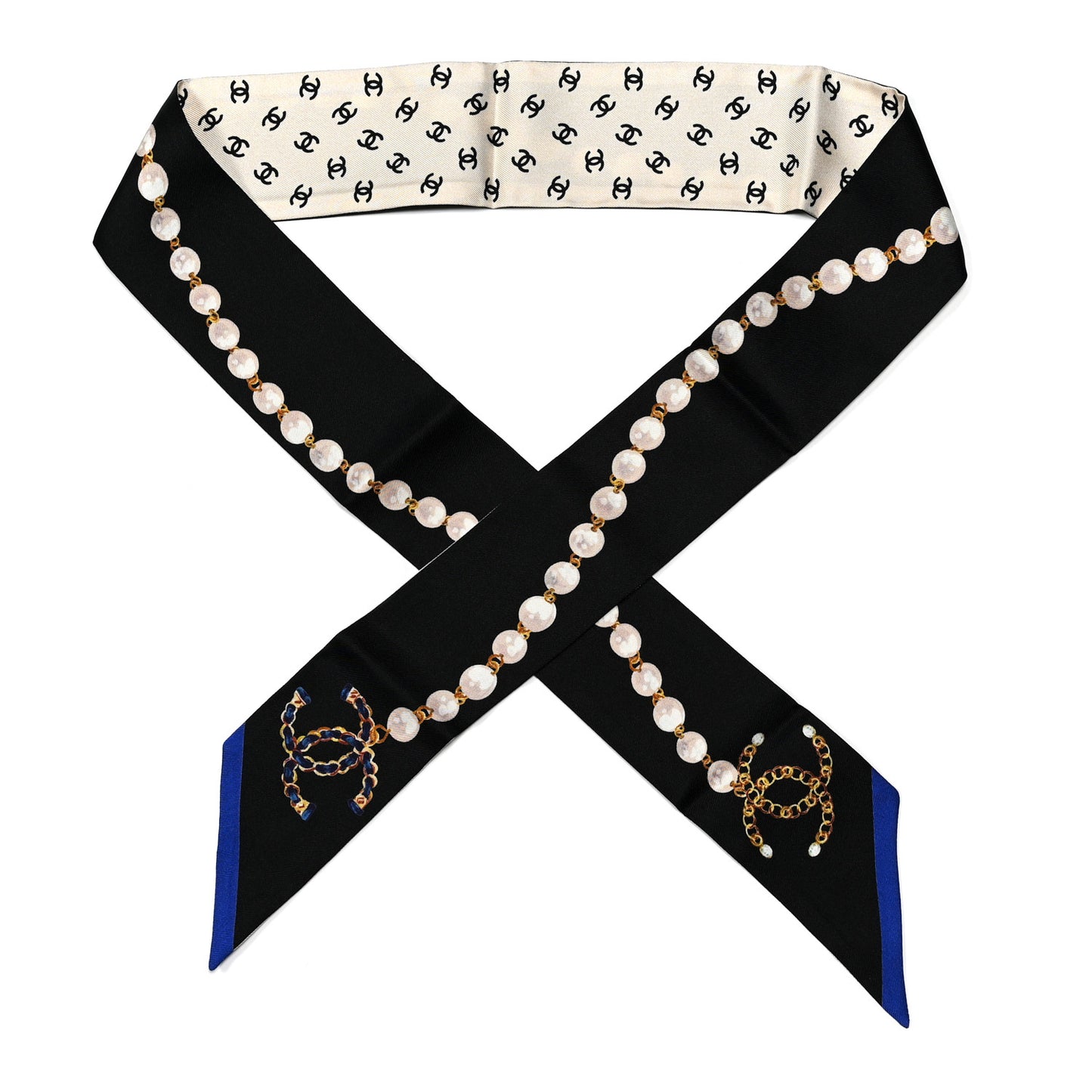 Silk Pearl CC Chain Slim Bandeau Scarf Dark Grey Blue Ecru