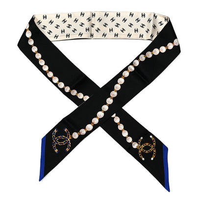 Chanel Silk Pearl CC Chain Slim Bandeau Scarf Dark Grey Blue Ecru 1 of 3