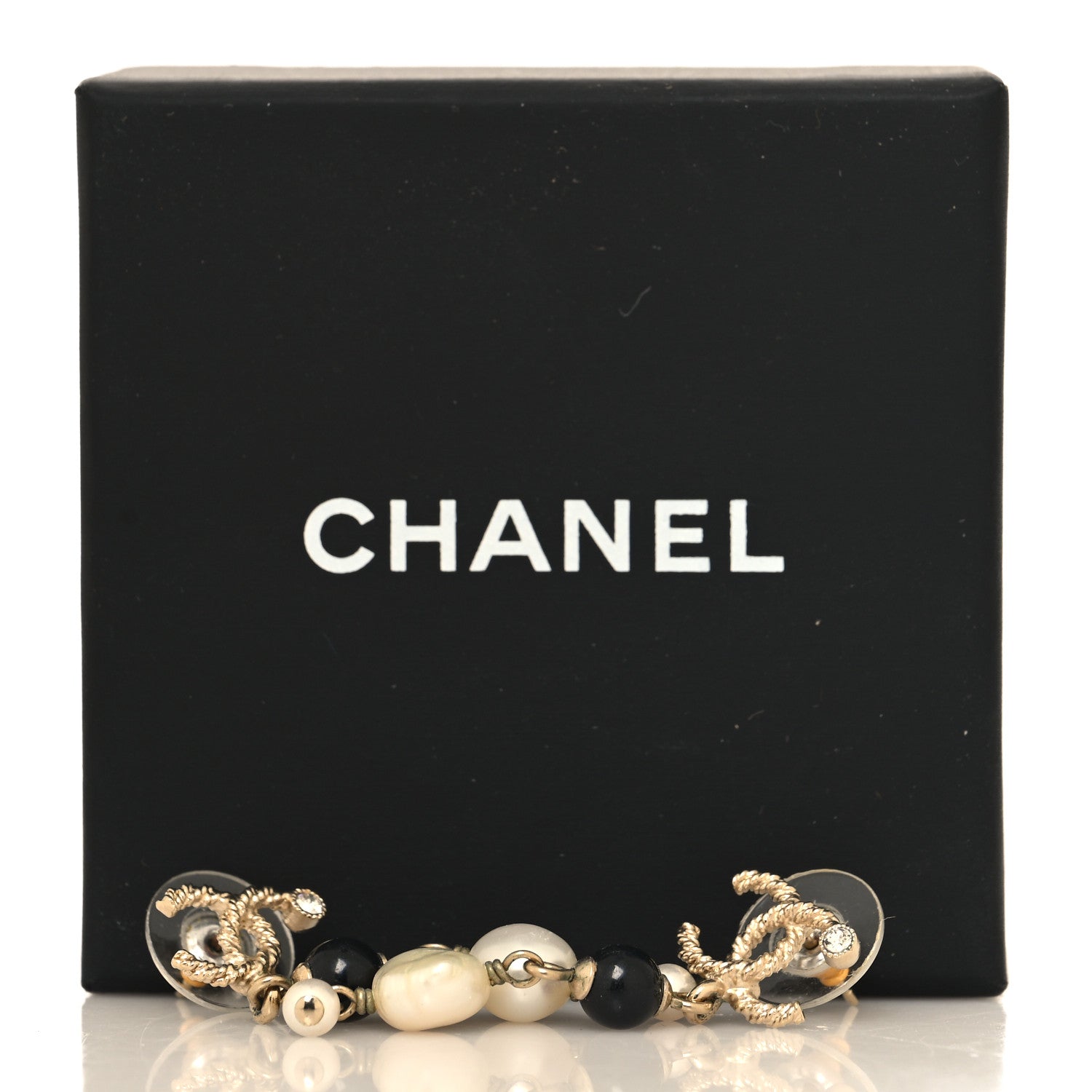 Chanel Pearl Bead Crystal CC Byzantine Drop Earrings Black Gold 5 of 5