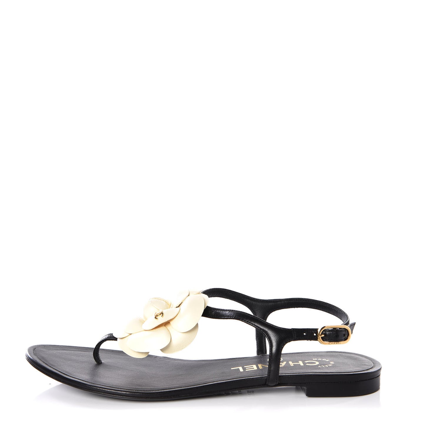 Lambskin Camellia Thong Sandals 35.5 Black White