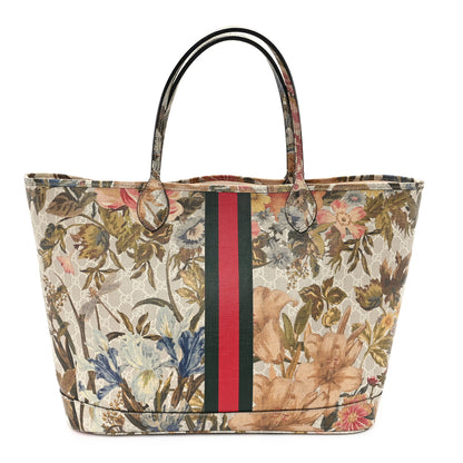 Gucci GG Supreme Monogram Water Flora Web Large Ophidia Tote Beige White Multicolor 1 of 12