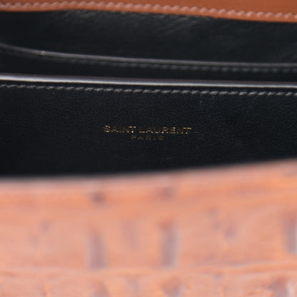 Saint Laurent Calfskin Crocodile Embossed Mini Classic Monogram Cassandra Top Handle Brown 7 of 14