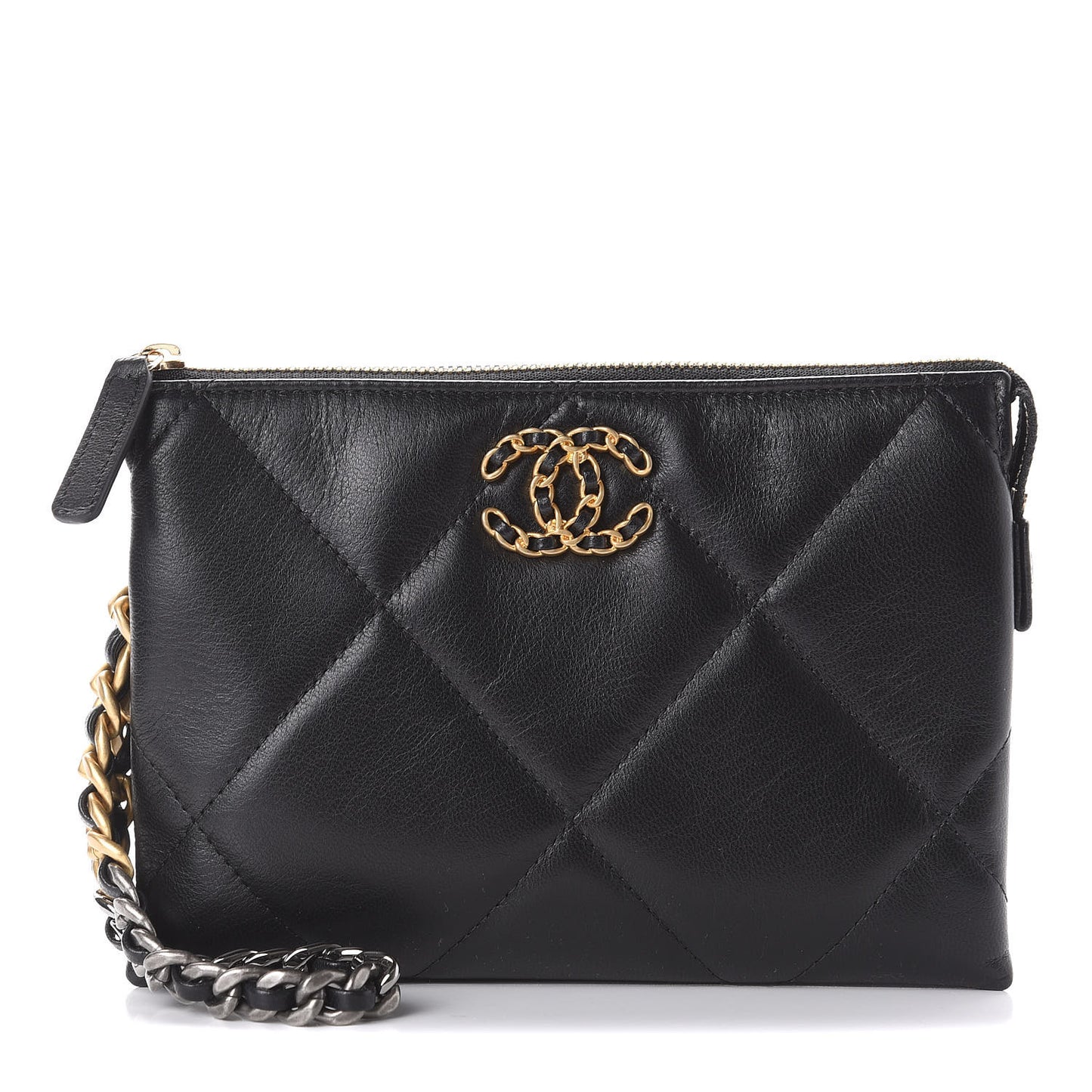 Shiny Goatskin Quilted Small Chanel 19 Pouch With Handle Black