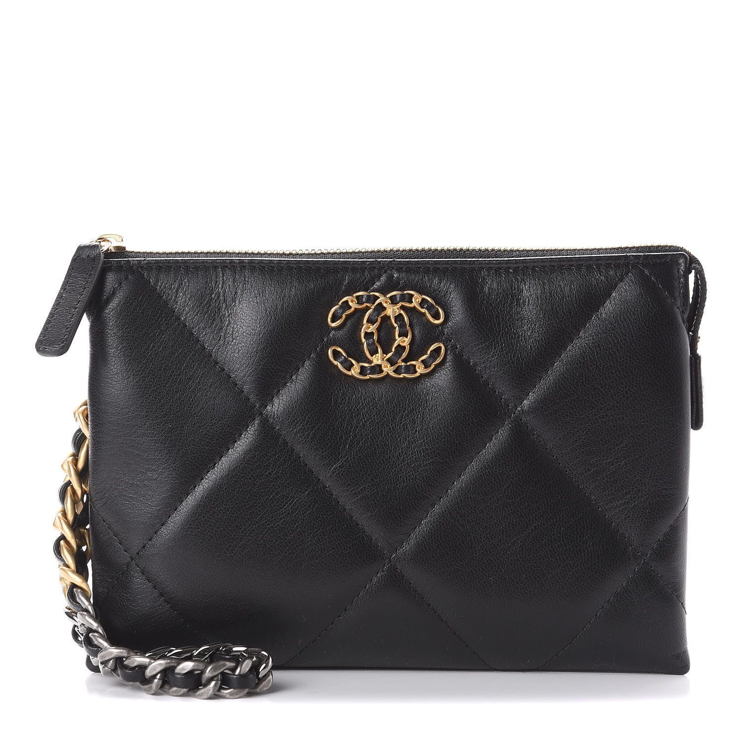 Chanel Shiny Goatskin Quilted Small Chanel 19 Pouch With Handle Black 1 of 19