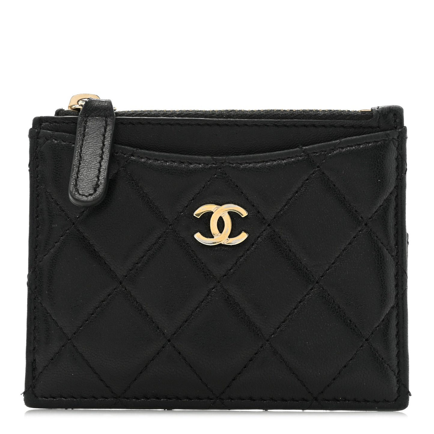 Lambskin Quilted Zip Card Holder Black