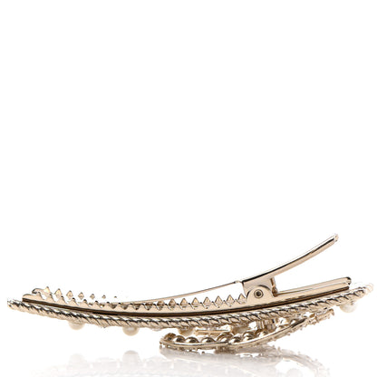 Chanel Metal Crystal Pearl CC Hair Clip Gold Pearly White 3 of 4
