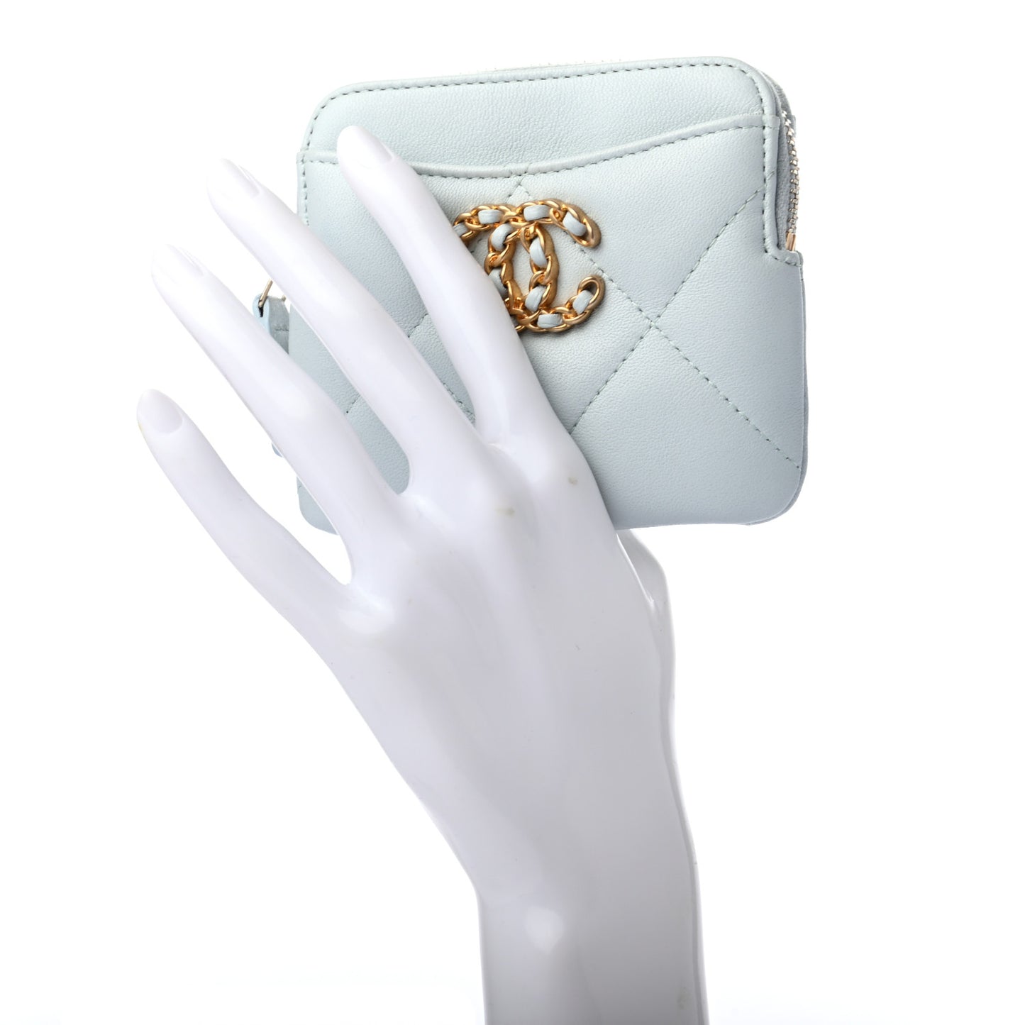 Lambskin Quilted Chanel 19 Zip Card Holder Wallet Light Blue