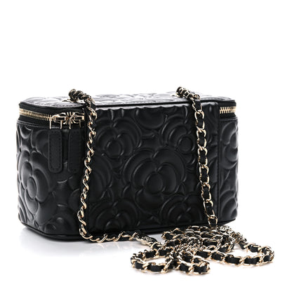 Chanel Lambskin Camellia Embossed Small Vanity Case With Chain Black 3 of 11