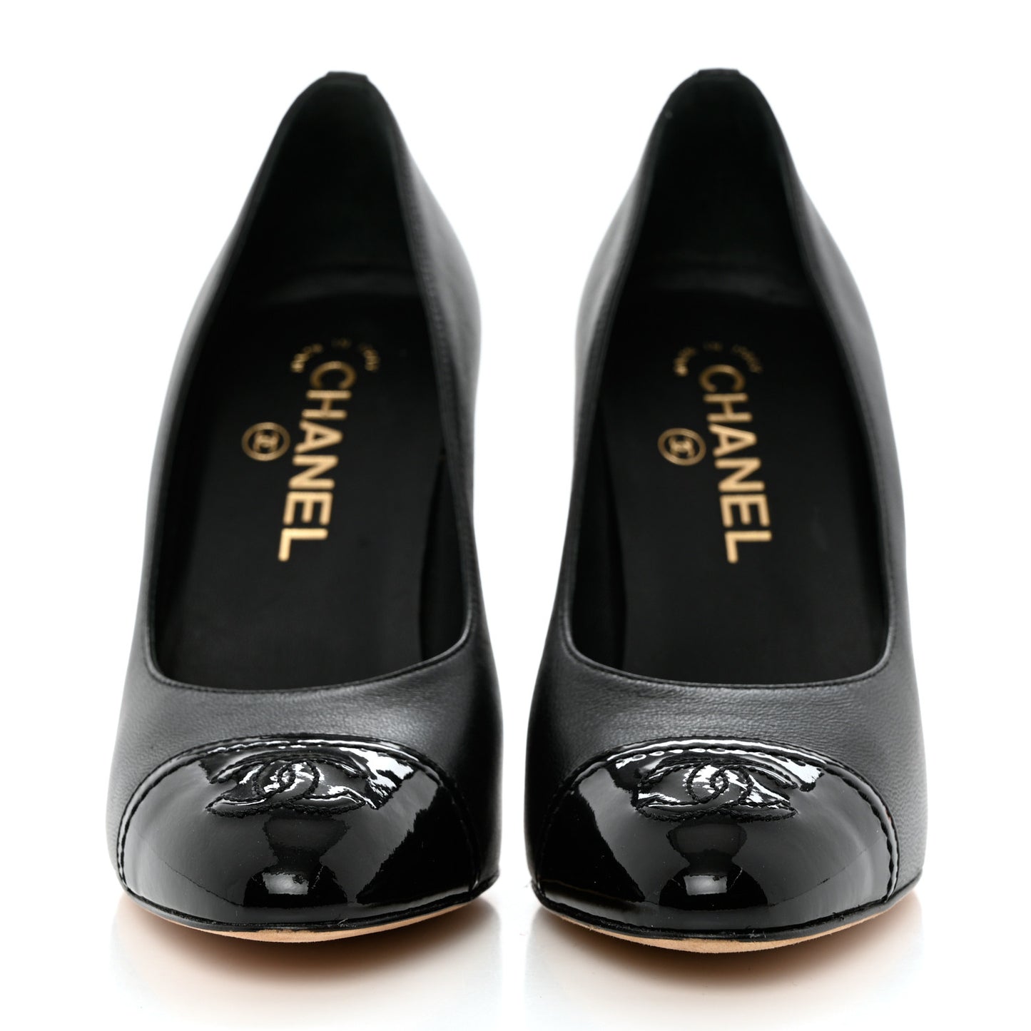 Lambskin Patent Calfskin Cap Toe CC Pumps 36 Black