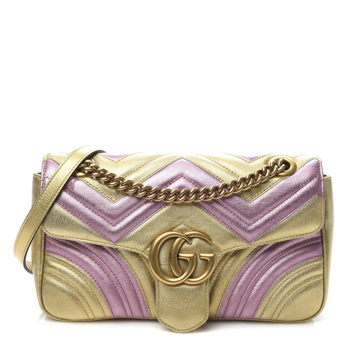 Metallic Calfskin Matelasse Small GG Marmont Shoulder Bag Gold Pink