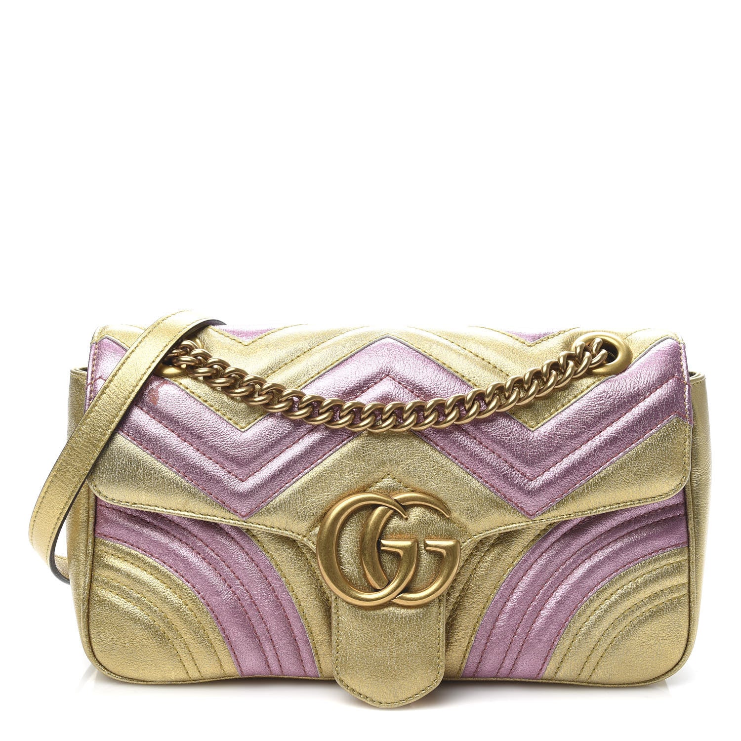 Gucci Metallic Calfskin Matelasse Small GG Marmont Shoulder Bag Gold Pink 1 of 11