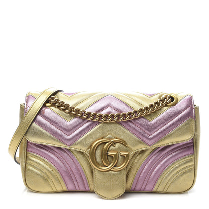 Gucci Metallic Calfskin Matelasse Small GG Marmont Shoulder Bag Gold Pink 1 of 11