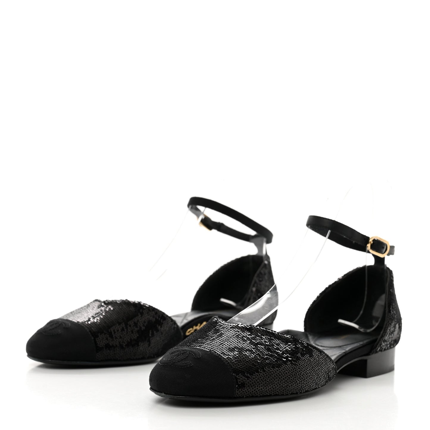 Sequin Grosgrain CC Cap Toe Ankle Flat 35.5 Black