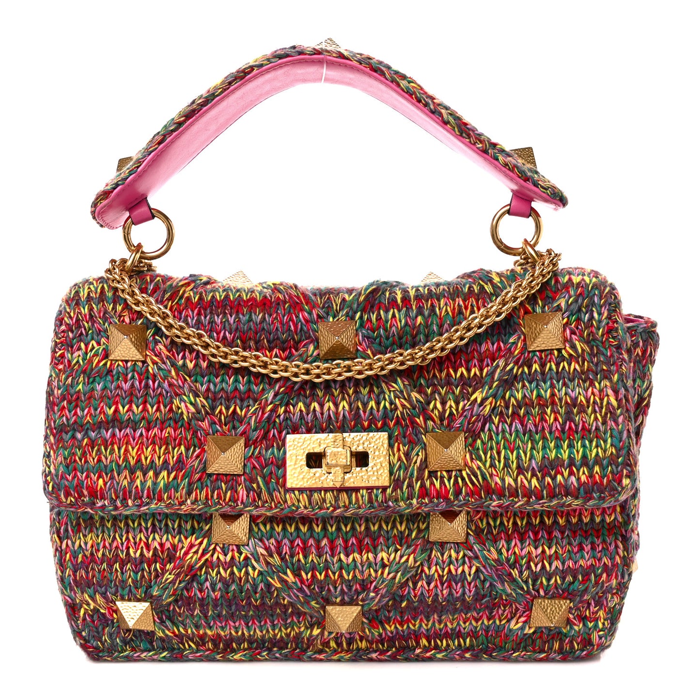 Wool Woven Large Roman Stud Shoulder Bag Multicolor Feminine Pink