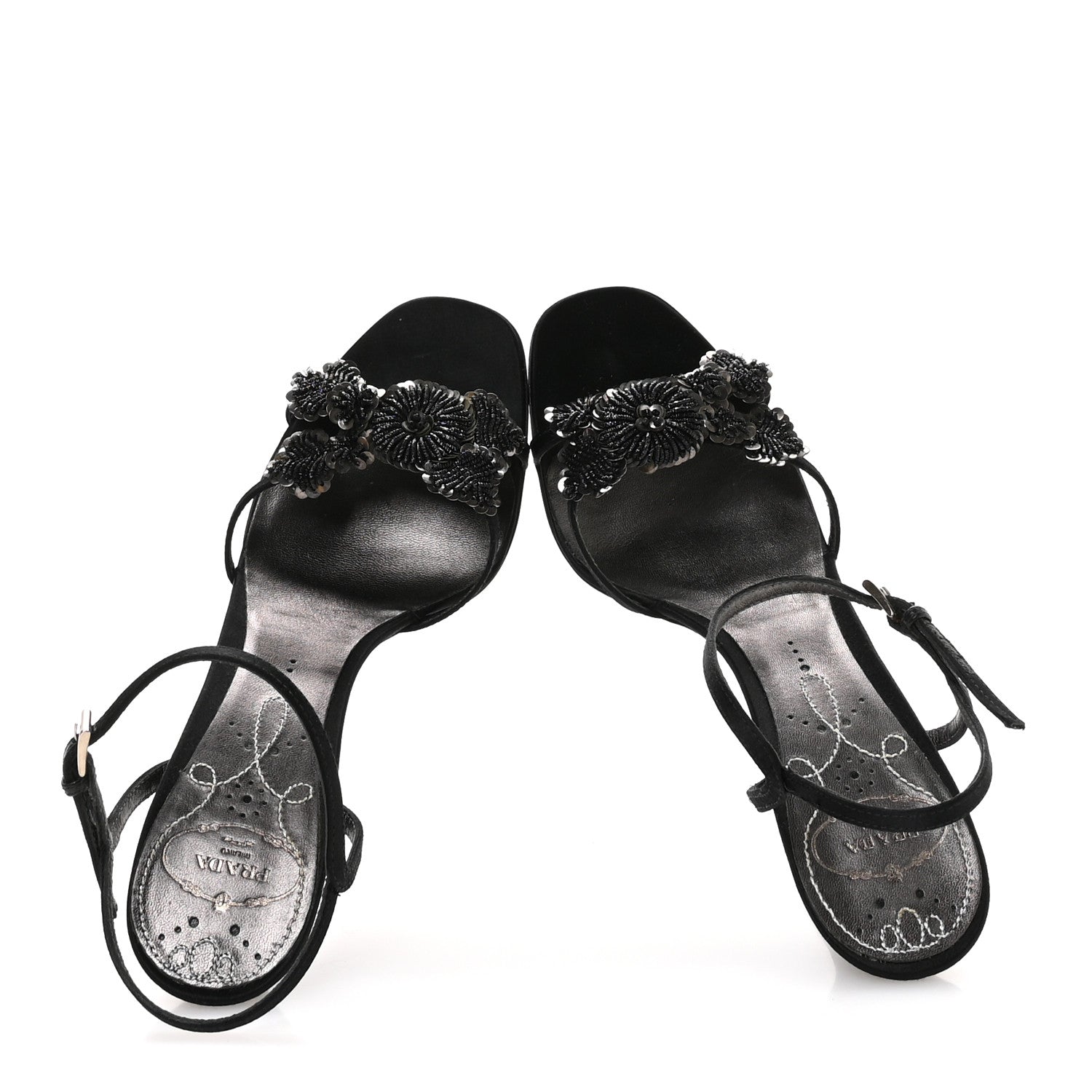 Prada Satin Beaded Embroidered Flower Sandals 38 Black 2 of 9
