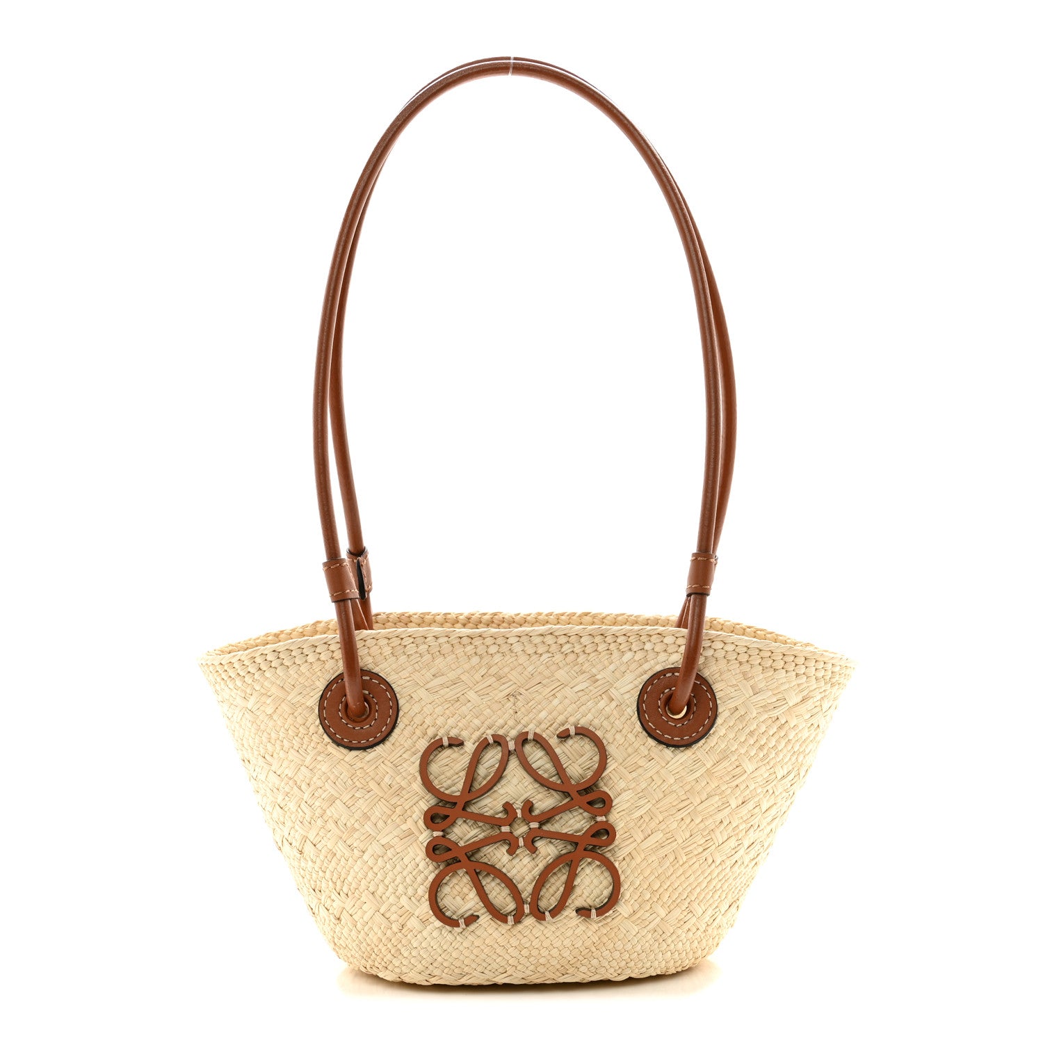 Loewe Calfskin Raffia Paulas Ibiza Mini Anagram Basket Tote Bag Natural Tan 1 of 10