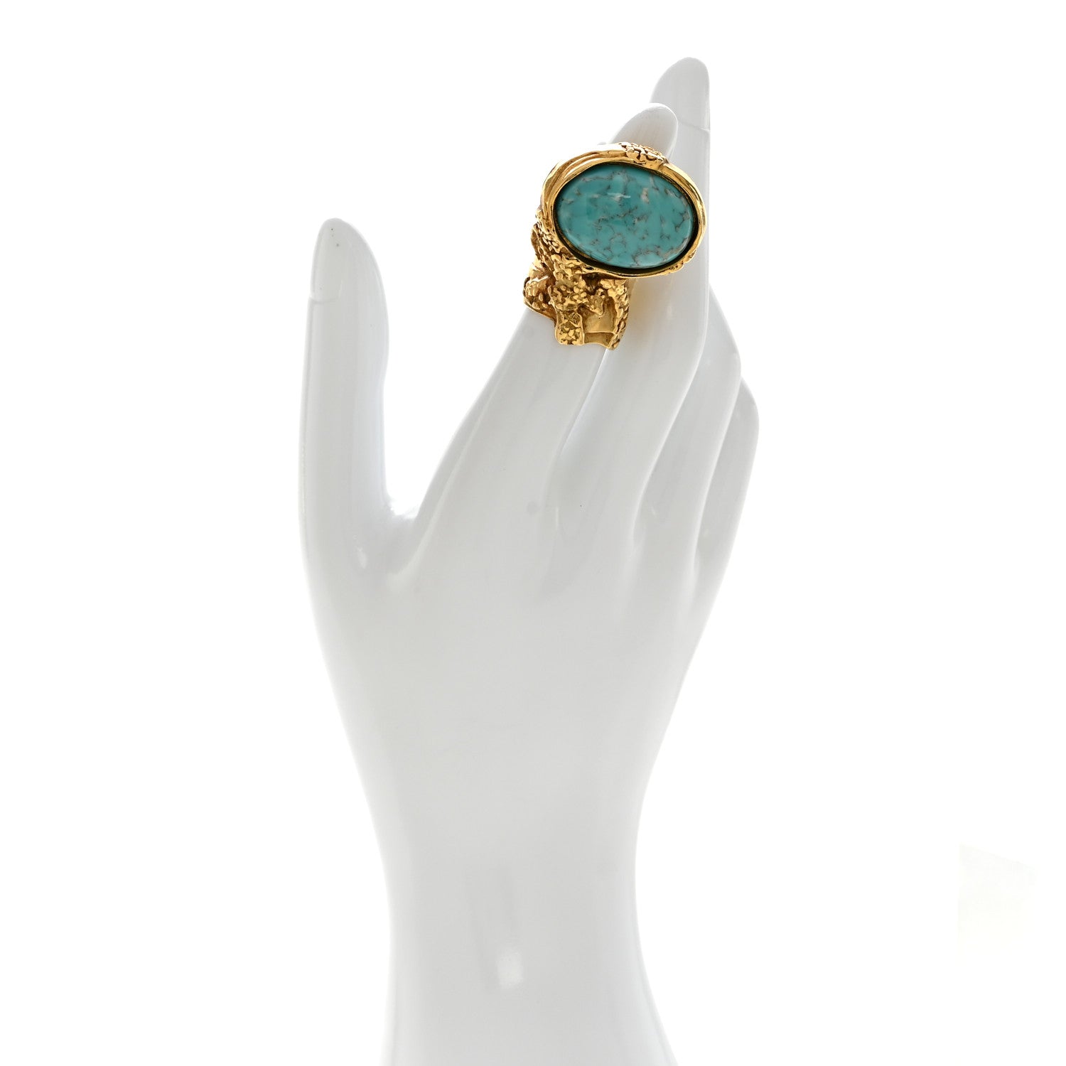 Saint Laurent Glass Cabochon Arty Ovale Ring 47 4 Gold Turquoise 2 of 5
