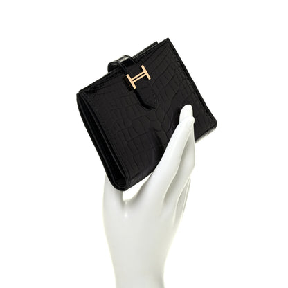 Hermes Shiny Alligator Bearn Compact Wallet Black 2 of 7